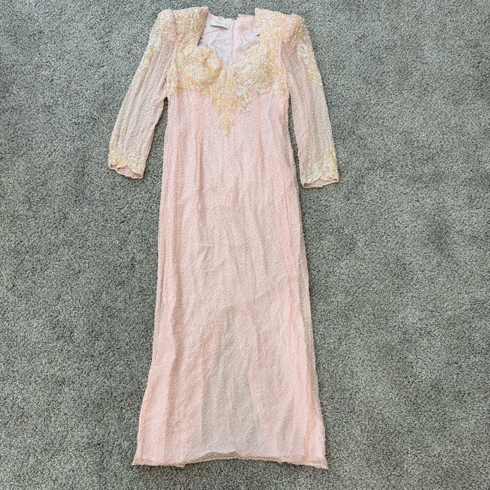 Vintage Martha Madden Light Peach Beaded Sequin Maxi Formal Dress Lined Women S